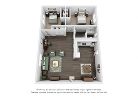 Floor plan for 2 beds, 1 bath, 925 sqft